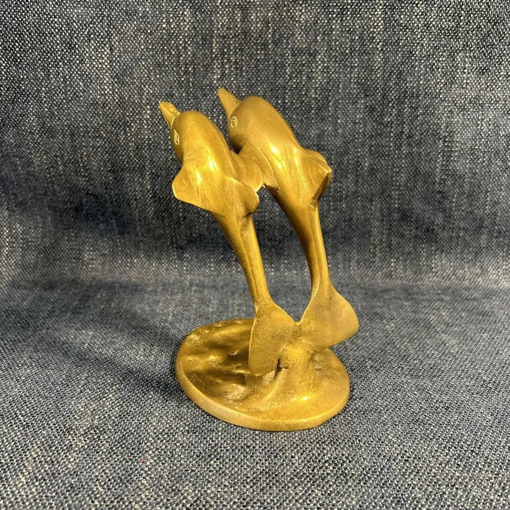 VTG brass dolphin pair leaping figure sculpture paperweight 5.5”